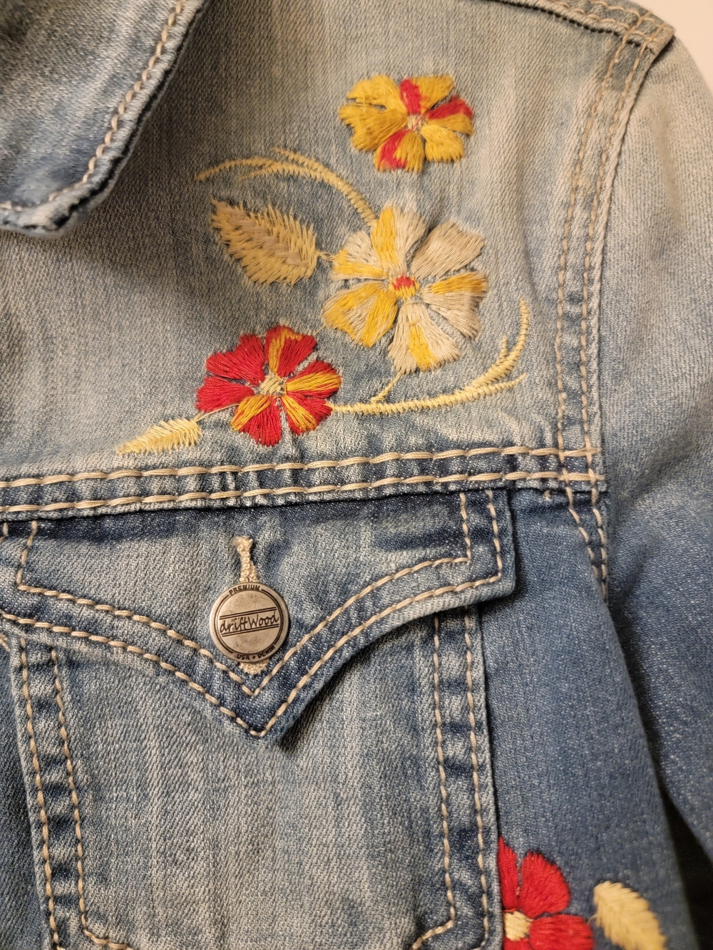 DRIFTWOOD Embroidered Light Blue Denim Jacket with Red & Yellow Flowers - Picture 4 of 5